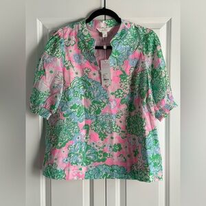 Lilly Pulitzer Brinelle Plumes In Bloom Notch Neck Elbow Puff Sleeve Blouse NWT